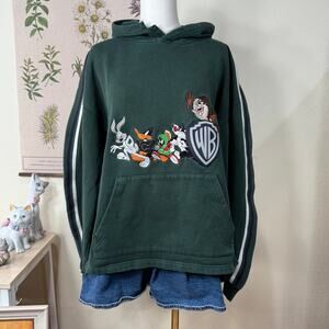 Vintage 90s Y2k Embroidered Looney Tunes Hooded Sweatshirt Grunge Streetwear L